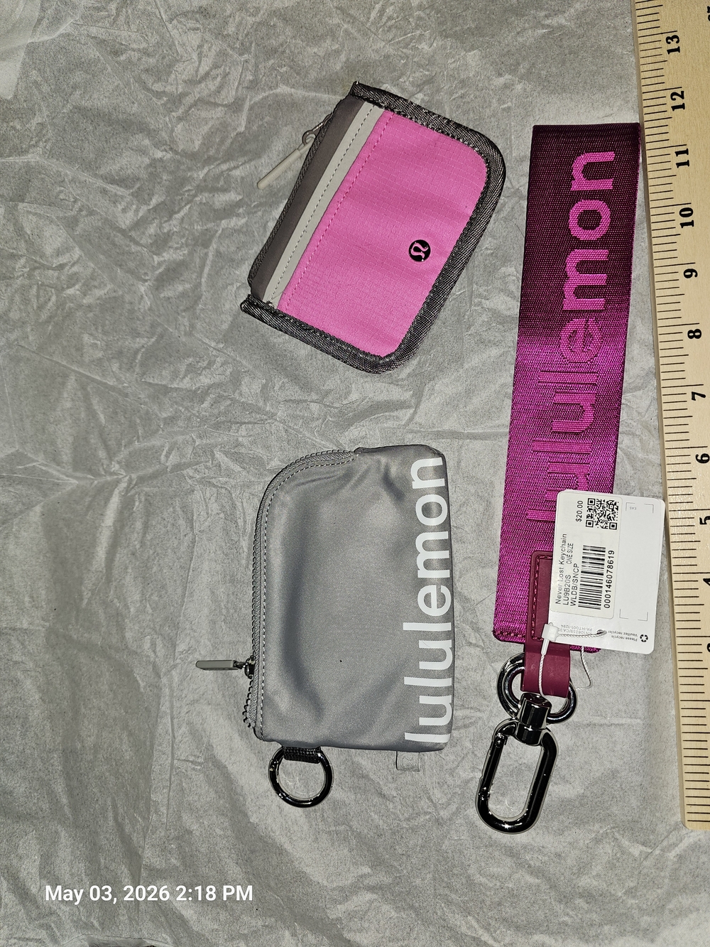 lululemon athletica Pink and Gray Key Pouch Set with Magenta Logo Strap